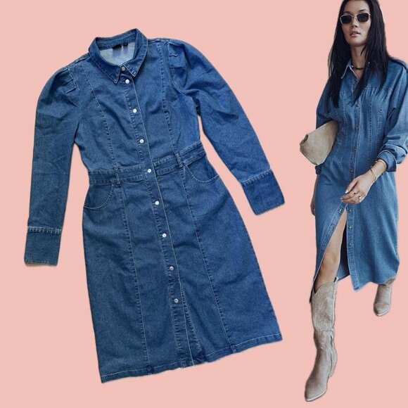 Vero Moda Denim Shirt Dress – Puff Shoulder, Belted, Stretch, M - Picture 1 of 8